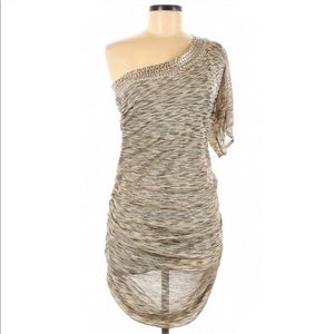 BEBE - One Shoulder Ruched Gold Studded Mini Dress